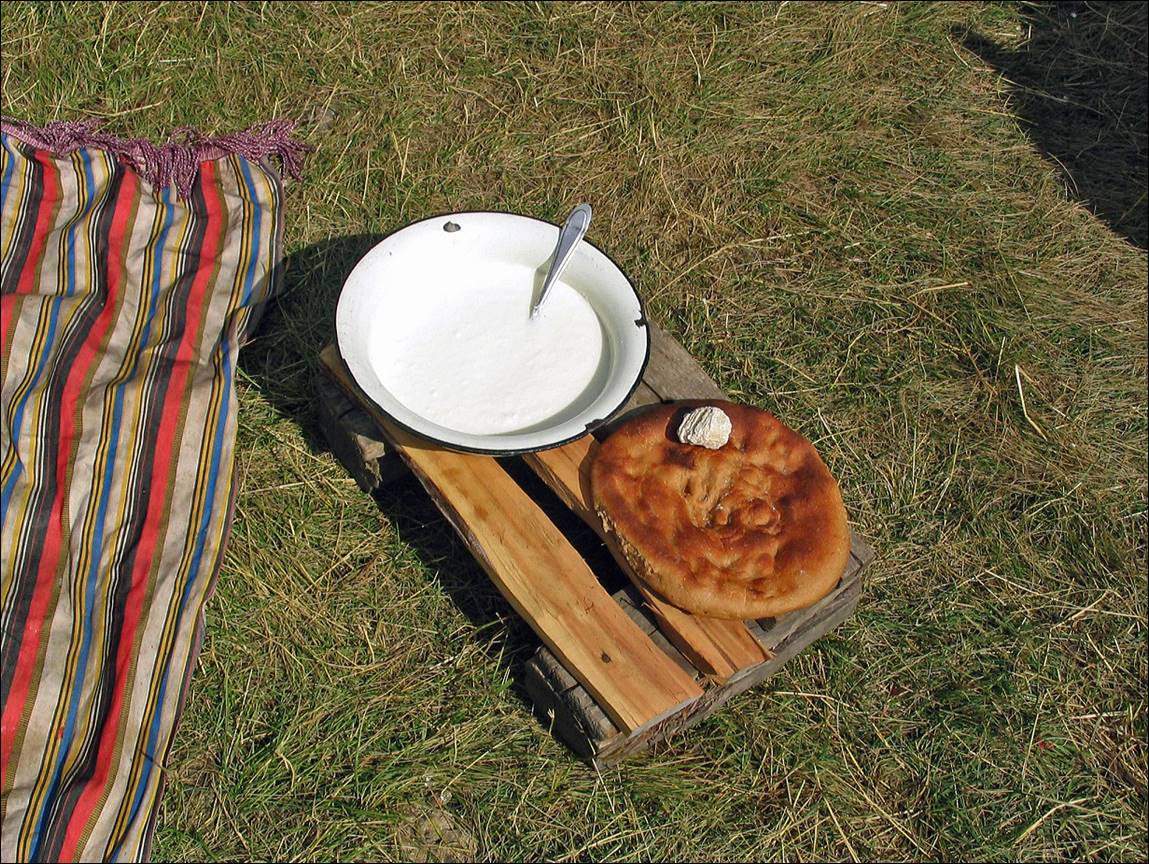 A plate and bread on a wooden board

Description automatically generated