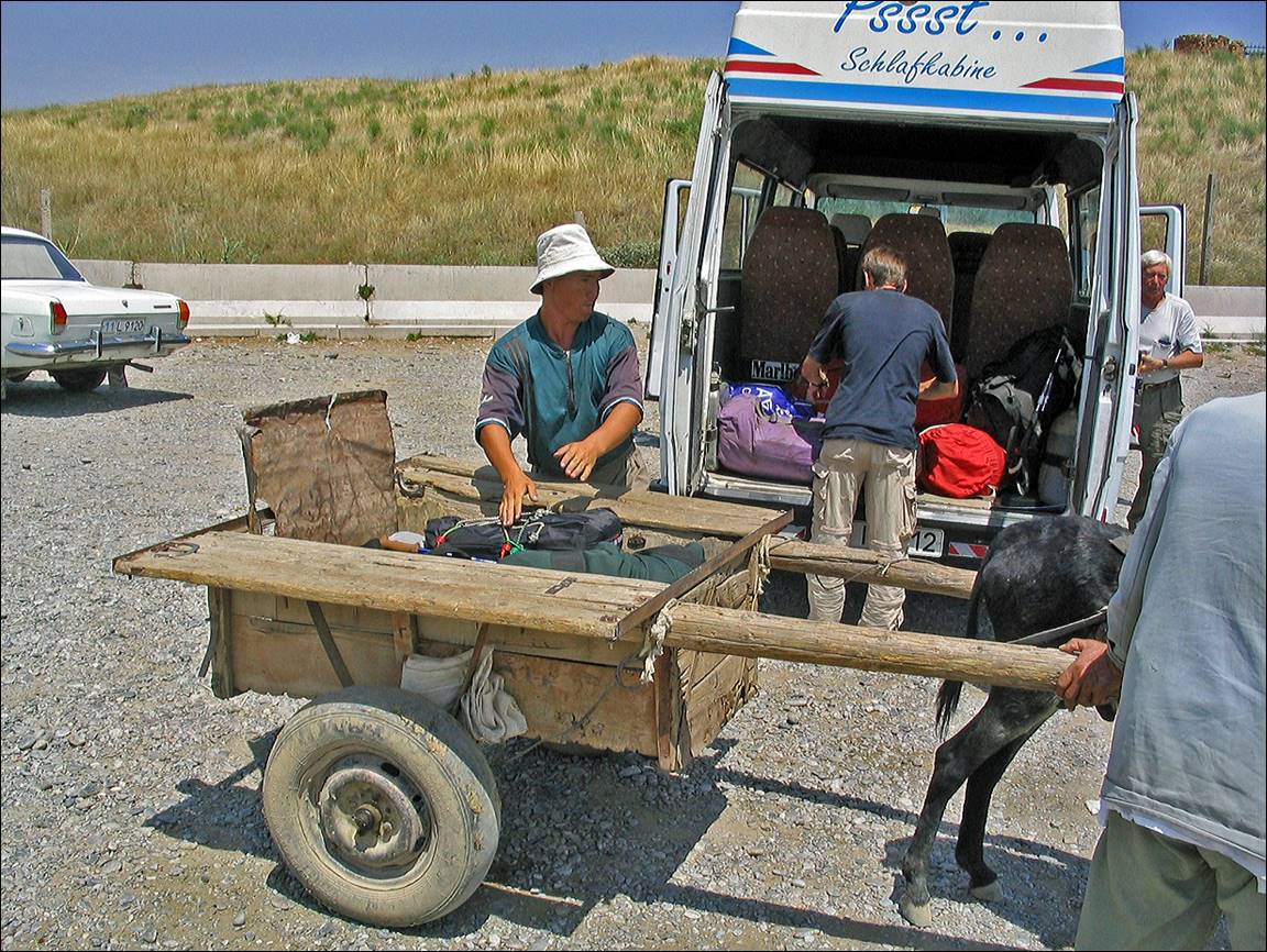 A person loading a cart with a donkey

Description automatically generated
