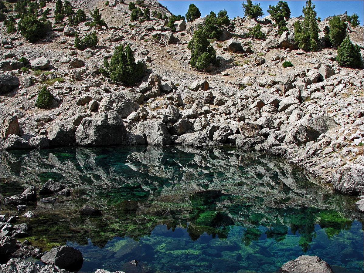 A clear blue water in a rocky area

Description automatically generated