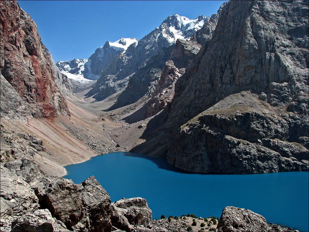 A blue lake surrounded by mountains

Description automatically generated